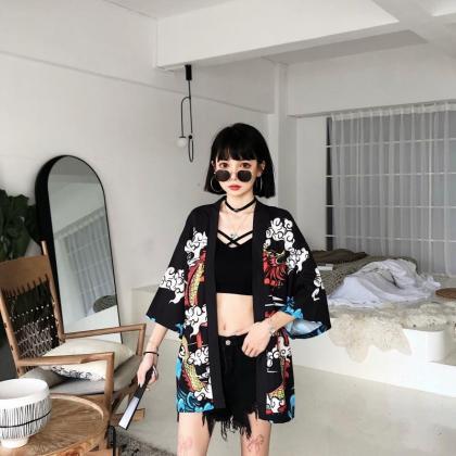 Kawaii Clothing Kimono Jacket Dragon Punk Black..