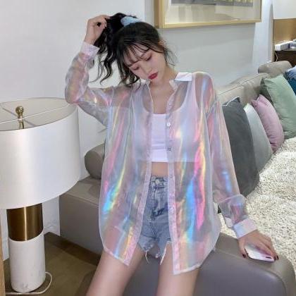Kawaii Clothing Laser Hologram Rainbow Blouse..