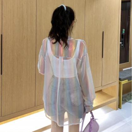 Kawaii Clothing Laser Hologram Rainbow Blouse..
