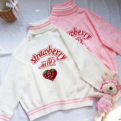 Kawaii Clothing Strawberry Embroidery Sweater Pink..