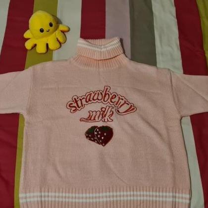 Kawaii Clothing Strawberry Embroidery Sweater Pink..