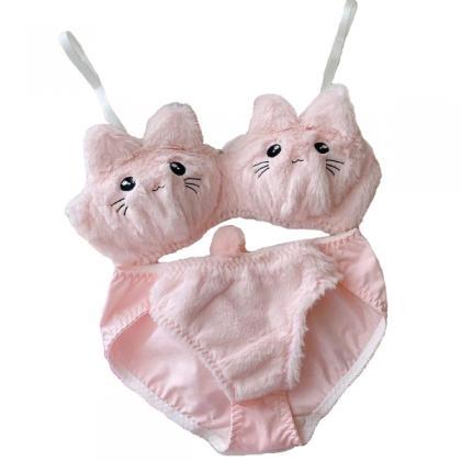 Kawaii Clothing Cat Bra Pink White Faux Fur..