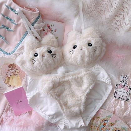 Kawaii Clothing Cat Bra Pink White Faux Fur..
