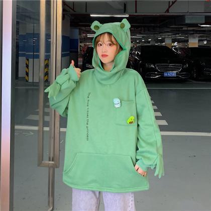 Kawaii Clothing Frog Hoodie Sweatshirt Green Funny..