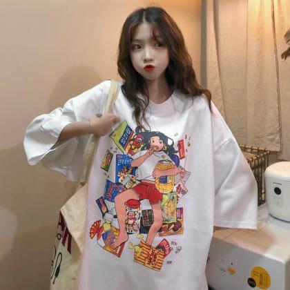 Kawaii Clothing T-shirt Korean Anime Girl Eating..