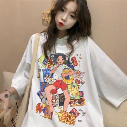 Kawaii Clothing T-shirt Korean Anime Girl Eating..
