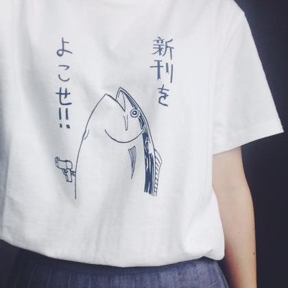 Kawaii Clothing Tuna Fish T-shirt Gun Harajuku..