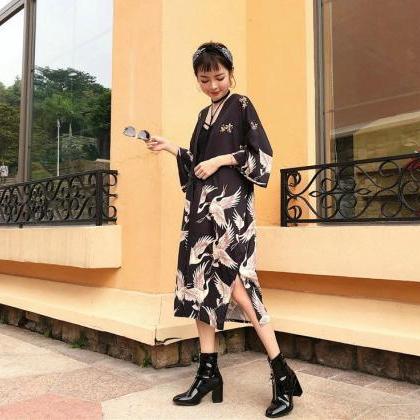Kawaii Clothing Kimono Long Jacket Crane Black..