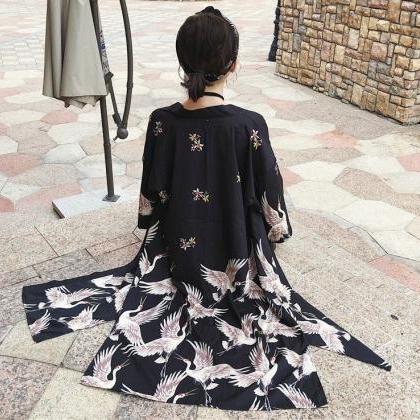 Kawaii Clothing Kimono Long Jacket Crane Black..