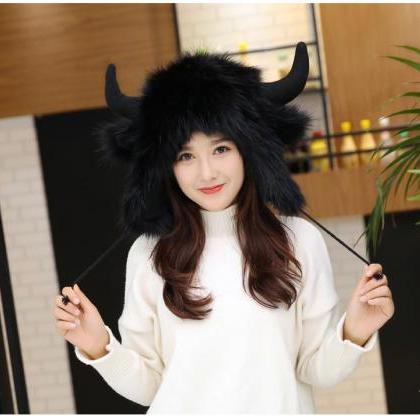 Kawaii Clothing Black Horns Ears Deer Cat Fur Hat..