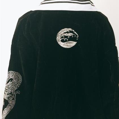 Kawaii Clothing Embroidery Black Dragon Jacket..