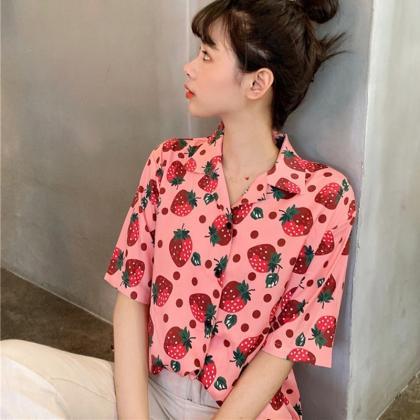 Kawaii Clothing Pink Blouse Shirt Strawberry..