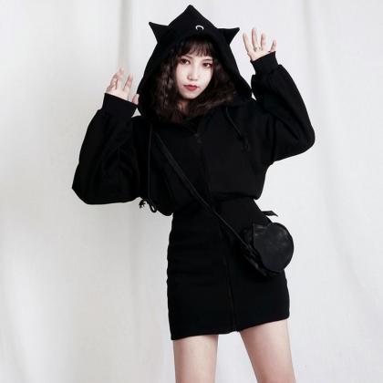 Kawaii Clothing Gothic Cat Hoodie Punk Black Ears..