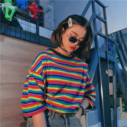 Kawaii Clothing Rainbow Striped T-shirt Harajuku..