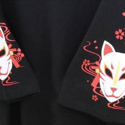Kawaii Clothing Black T-shirt Fox Punk Lace Up..
