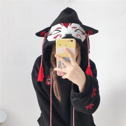 Kawaii Clothing Fox Hoodie White Black Ears..