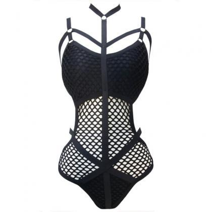 Kawaii Clothing Black Sexy Hollow Fishnet Swimsuit..