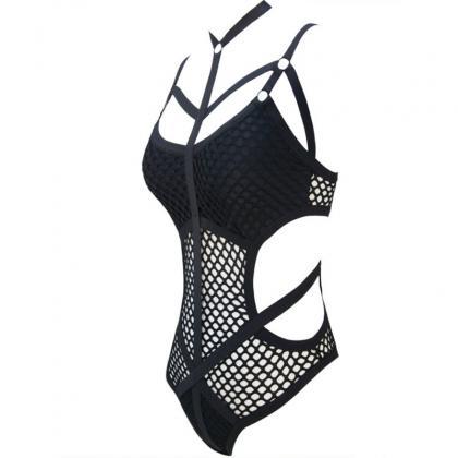 Kawaii Clothing Black Sexy Hollow Fishnet Swimsuit..