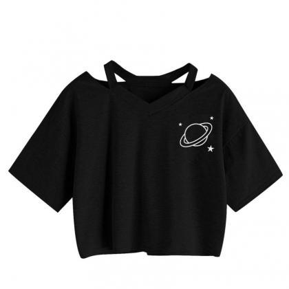Kawaii Clothing Black Planet Saturn T-shirt Top..