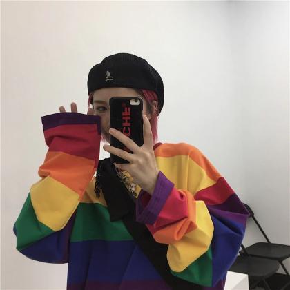 Kawaii Clothing Rainbow T-shirt Colorful Stripped..
