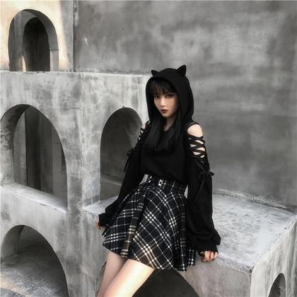 Kawaii Clothing Black Cat Hoodie Punk Gothic..