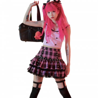 Kawaii Clothing Punk Lolita Pink Plaid Skirt Black..