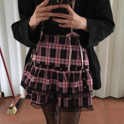Kawaii Clothing Punk Lolita Pink Plaid Skirt Black..