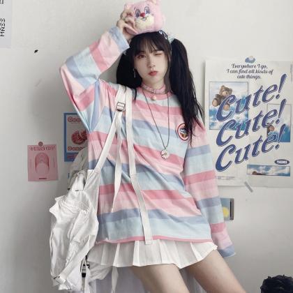 Kawaii Clothing Pastel Rainbow Striped T-shirt..
