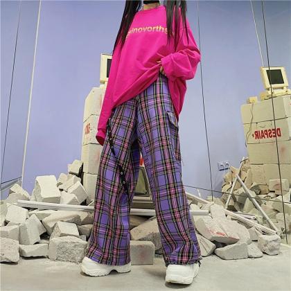 Kawaii Clothing Cargo Plaid Purple Pants Punk..
