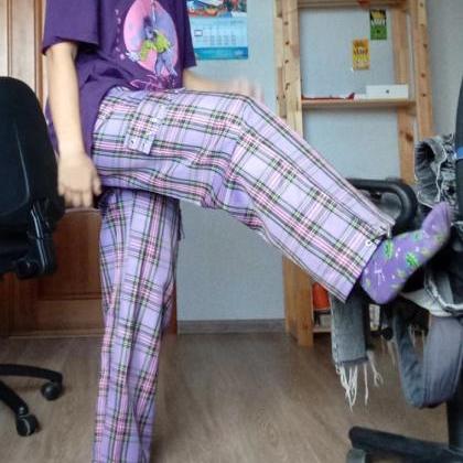 Kawaii Clothing Cargo Plaid Purple Pants Punk..