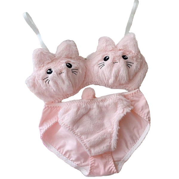Kawaii Clothing Cat Bra Pink White Faux Fur Panties Bustier Lingerie Set Harajuku Animal Briefs Wh048