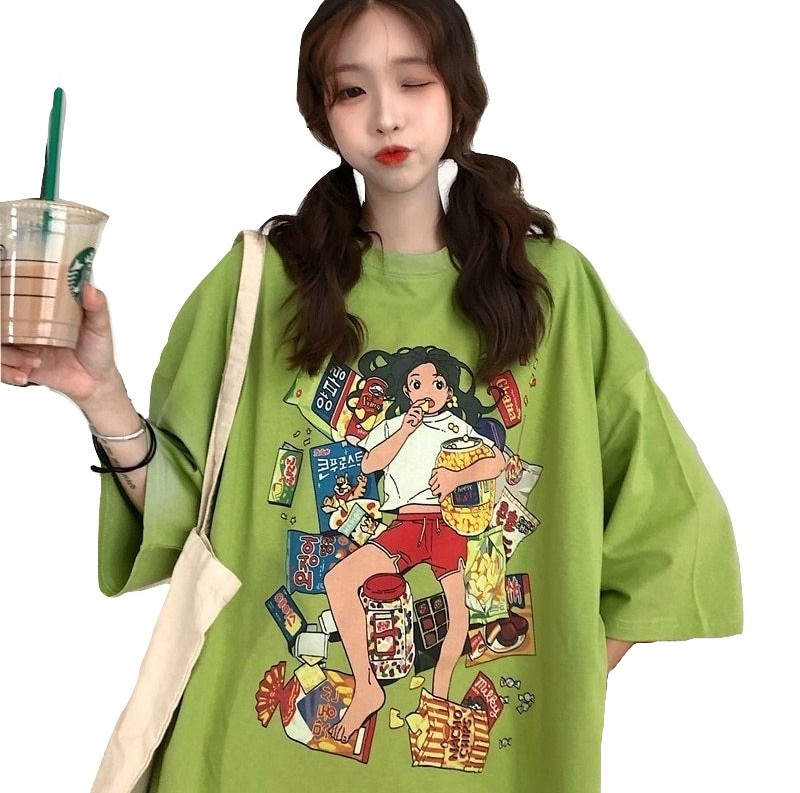 Kawaii Clothing T-shirt Korean Anime Girl Eating Snacks Harajuku Ulzzang Otaku Wh145