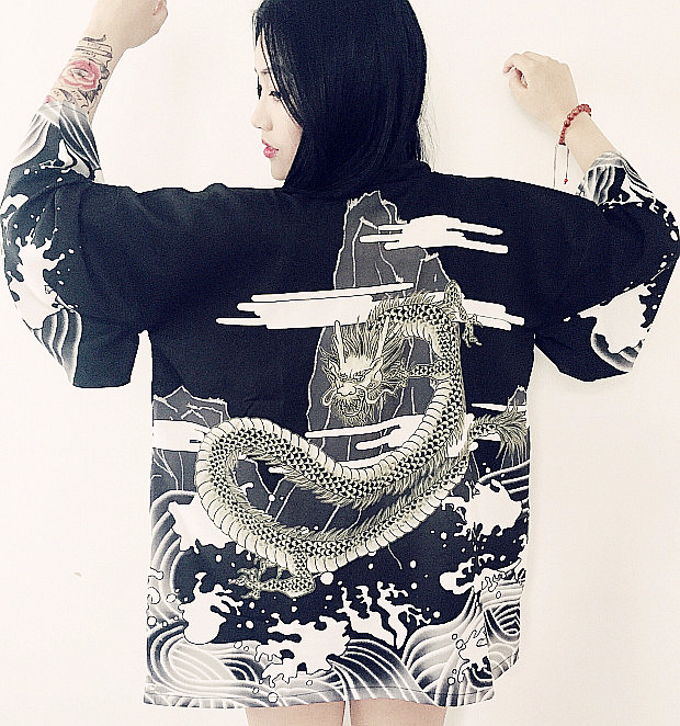 Kawaii Clothing Dragon Jacket Kimono Japanese Black White Ulzzang