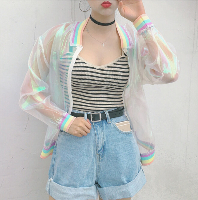 Kawaii Clothing Rainbow Laser Transparent Jacket Harajuku Ulzzang