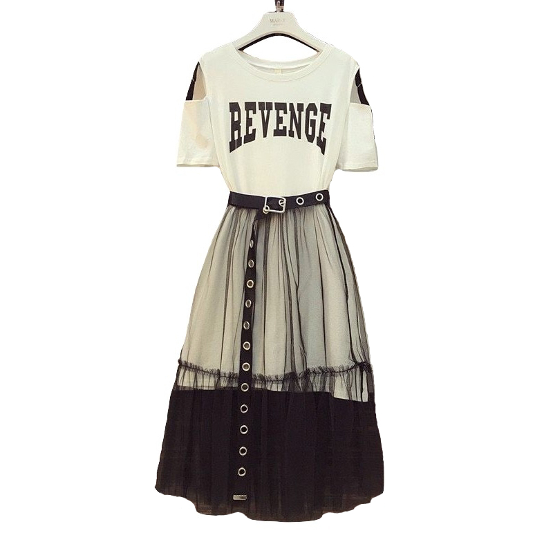 Kawaii Clothing Two Piece Set T-shirt Skirt Black Mesh Dress Long