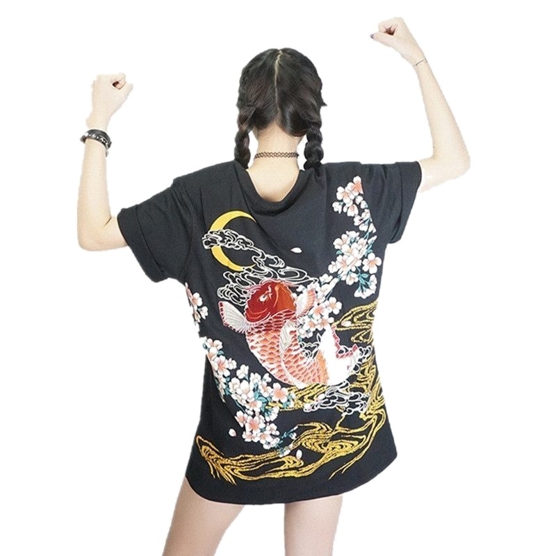 Kawaii Clothing Koi T-shirt Black Carp Fish Embroidery Japanese