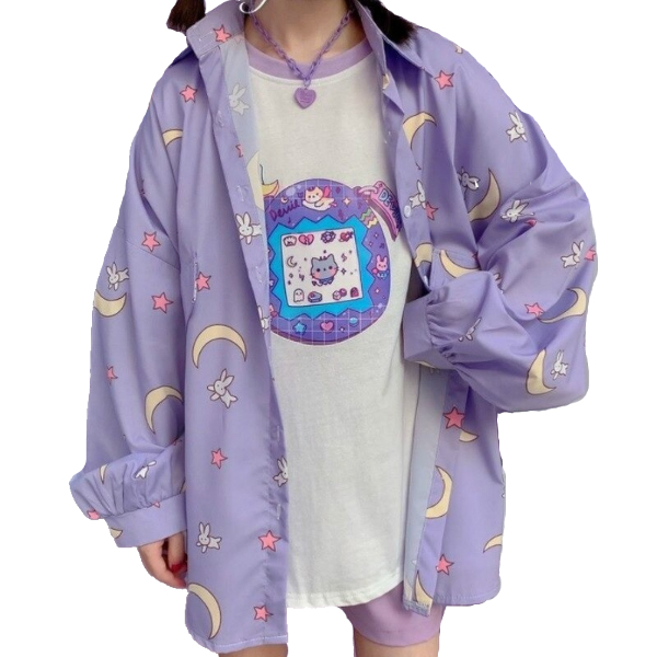 Kawaii Clothing Pastel Purple Blouse Shirt Rabbit Moon Stars Harajuku Goth Japan Wh318