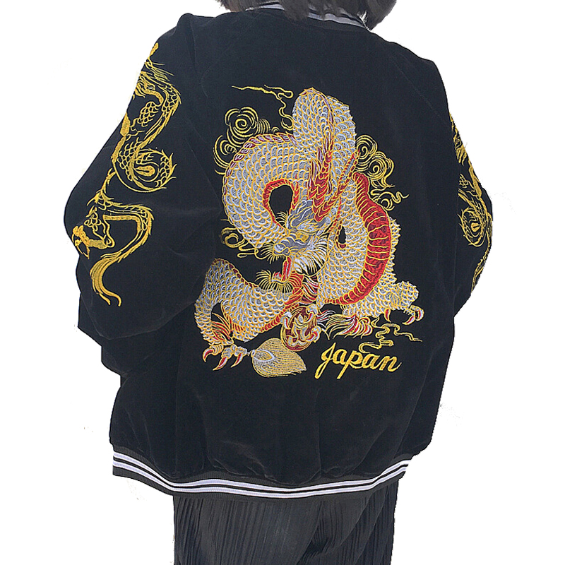 Kawaii Clothing Dragon Jacket Sukajan Bomber Coat Black Harajuku