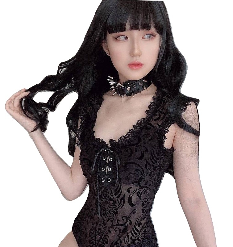 Kawaii Clothing Bodysuit Goth Punk Black Sexy Lace Harajuku Pentacle See Through Wh420