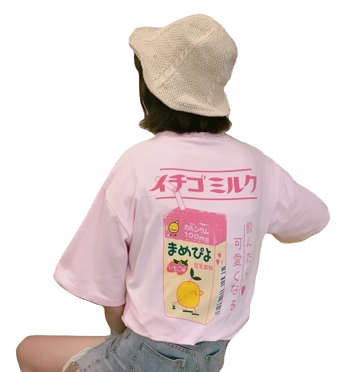 Kawaii Clothing Milk T-shirt Strawberry Pink Drink Harajuku Cute