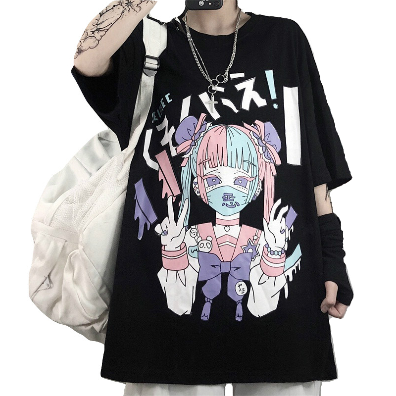Kawaii Clothing T-shirt Mask Face Anime Girl Gothic Black Punk Wh060