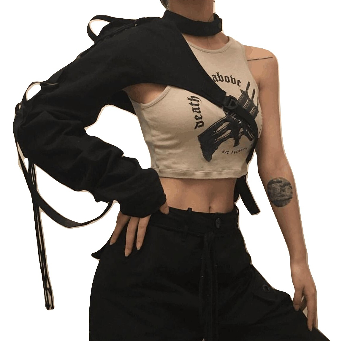 Kawaii Clothing Black Punk T-shirt Jacket Cropped One Shoulder