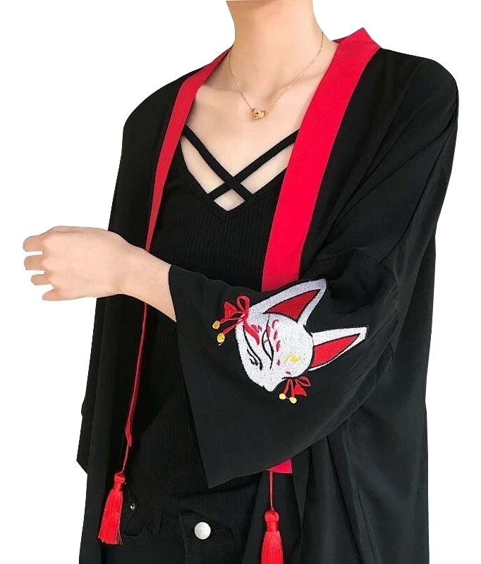 Kawaii Clothing Kitsune Inari Kimono Fox Haori Black Japan Red