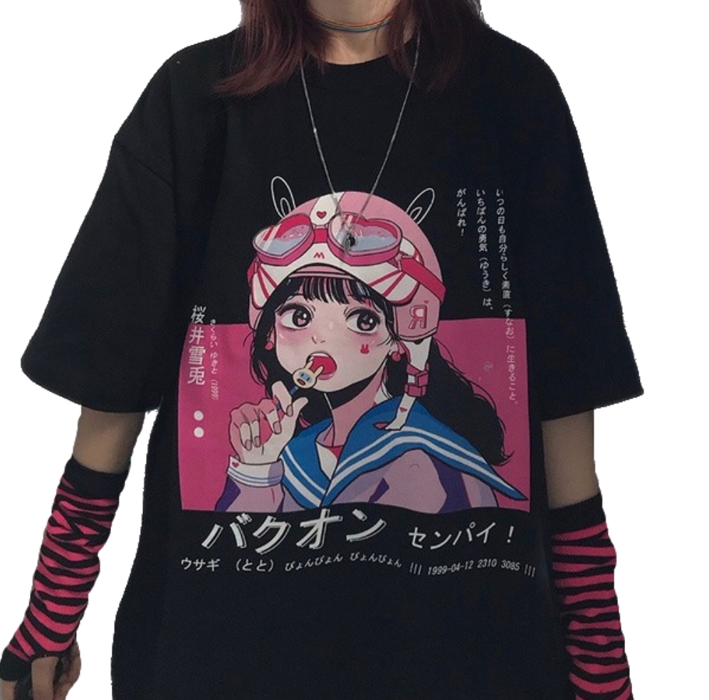 Kawaii Clothing Anime Helmet Girl T-shirt Harajuku Black Pink Rabbit Ears Lollipop Wh304
