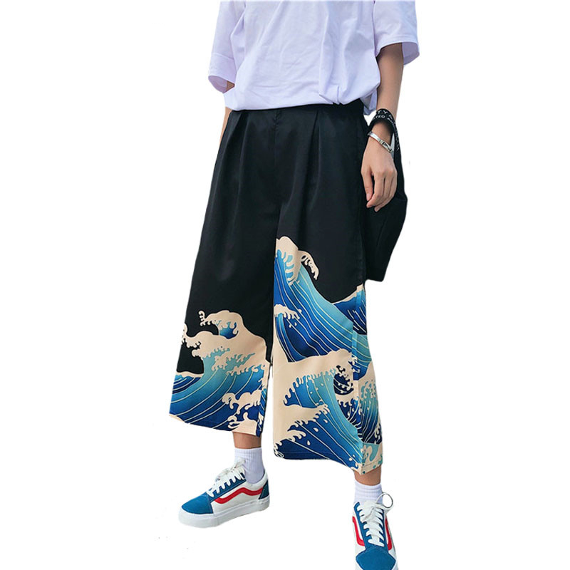 Japanese Wave Pants Kawaii Clothing Tsunami Hokusai Black Blue