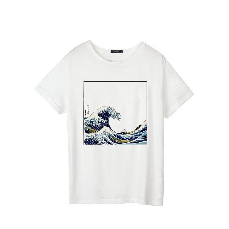 Kawaii Clothing Japanese Wave T-shirt Ukiyoe Hokusai White Blue