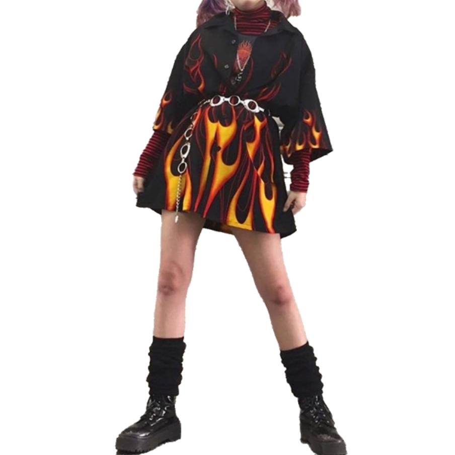 Kawaii Clothing Flames Shirt Blouse Fire Punk Black Rock Gothic