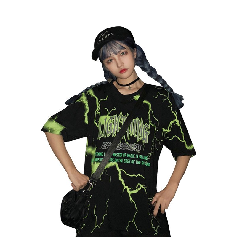 Kawaii Clothing Black Punk Thunder Lightning T-shirt Hip Hop Rap