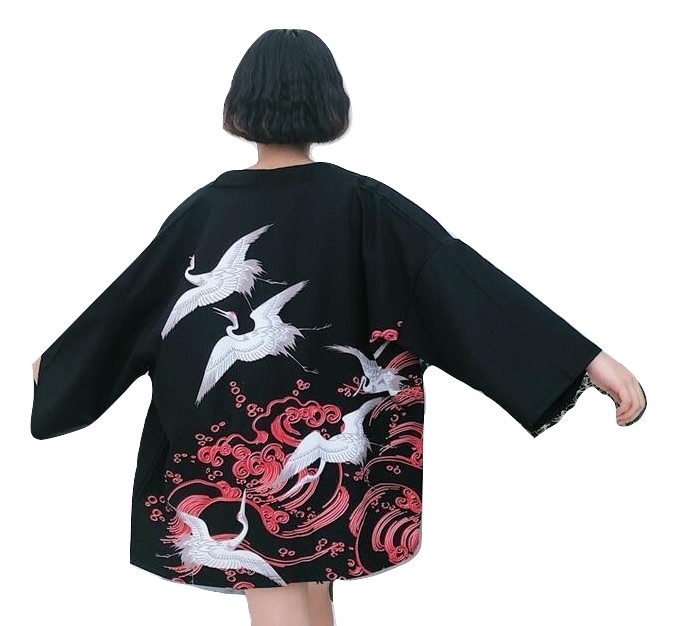 Kawaii Clothing Japanese Kimono Jacket Cranes Black Retro Haori
