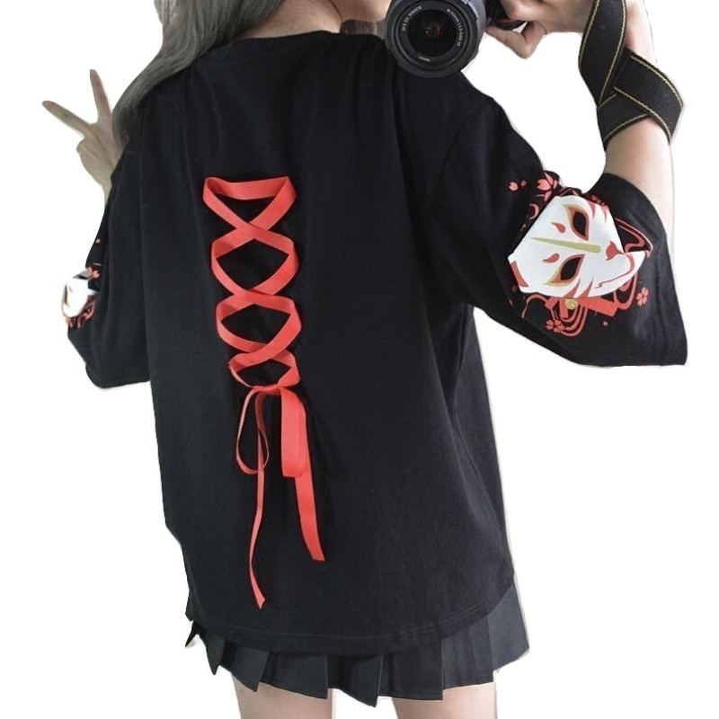 Kawaii Clothing Black T-shirt Fox Punk Lace Up Back Japan Gothic Lolita Harajuku Wh369